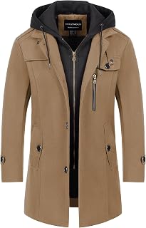 CREATMO US Men's Classic Pea Coat Wool Blend Trench Coat Windproof Business Overcoat With Detachable Hood