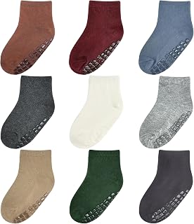 Toddler Socks with Grips (9 Pairs) for 0 Month - 7 Years Old, Mid-Crew Socks for Baby Boy Girl