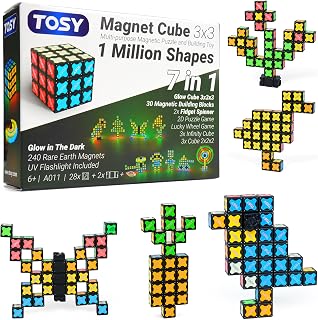 TOSY Magnet Cube 3x3 - 240 Magnets, 30 Blocks, 7in1 Toy: Puzzle Cube Game, Creative Building Blocks, Transformable Fidget Spinner, Infinity Cube, Magnet Tiles, UV Flashlight, Glowing STEM/STEAM Toy