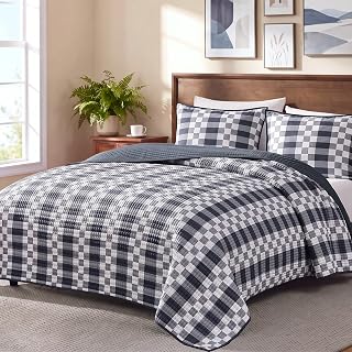 King Quilt-Lightweight Bedspread Plaid Quilt King Size Quilt Bedding Set | Navy Reversible Neutral Coverlet with 2 Shams for All Seasons, Suitable for Bed, Couch, 3 Pieces, 106"x94"