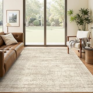 Soalmost 5x7 Area Rug Beige Low Pile Indoor Washable Trendy Faded Style Rugs Bedroom Living Room Dining Room Foldable Non-Slip Thin Print Home Office Mat
