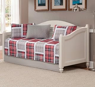 Linen Plus 5pc Daybed Cover Set Quilted Bedspread New (Red Black Grey Plaid)