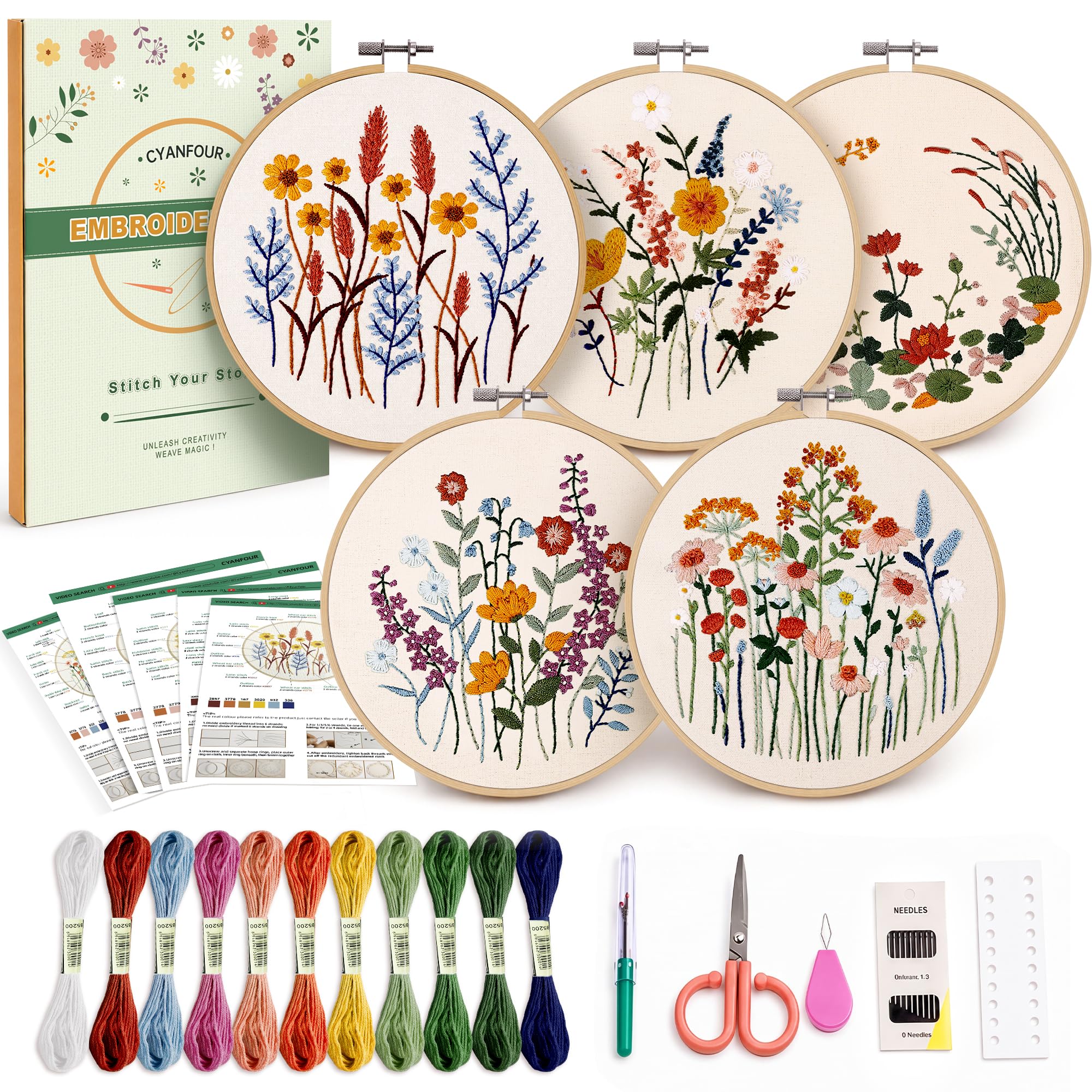 CYANFOUR 5 Pack Beginner Embroidery Kit for Adults with Video & Instruction | Ea