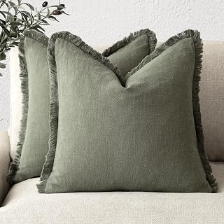 Foindtower Decorative Linen Fringe Throw Pillow Covers 20×20 Olive Green | Set of 2 Soft Boho Farmhouse Cushion Cover,Modern Accent Pillowcases with Tassels,Home Decor for Couch Sofa Bed Living Room