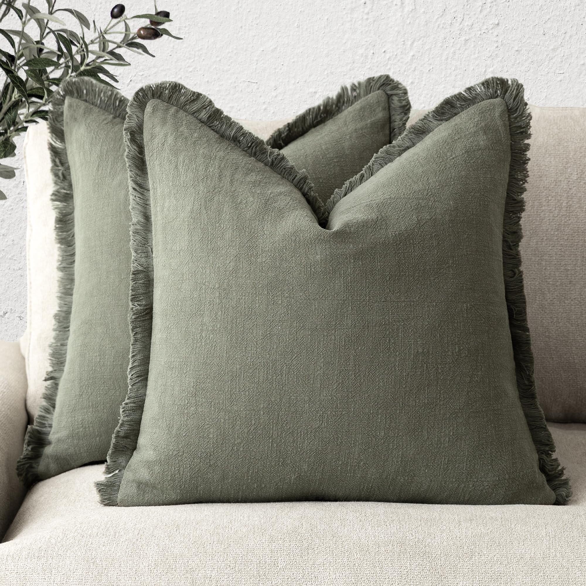 Foindtower Decorative Linen Fringe Throw Pillow Covers 20×20 Olive Green | Set o