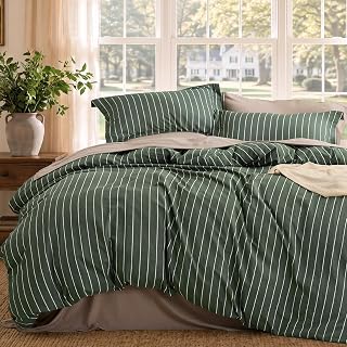 Bedsure Striped Duvet Cover Set Cotton-Like Bedding King Size, Olive Green | Ultra Soft, Relaxed Texture, Breathable & Long-Lasting Comfort, Lightweight, Easy Care, Zipper Closure, 8 Corner Ties