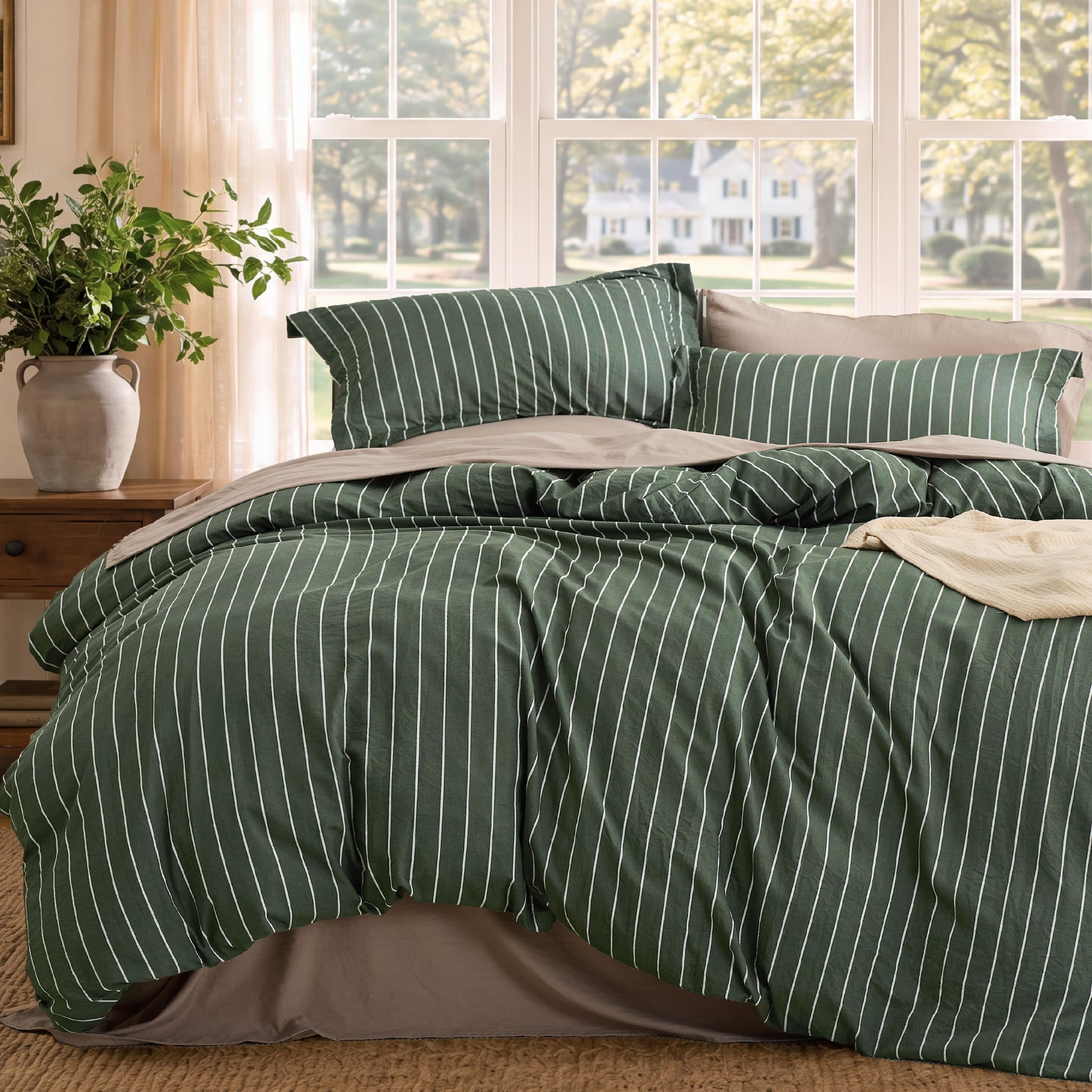 Bedsure Striped Duvet Cover Set Cotton-Like Bedding King Size, Olive Green | Ult