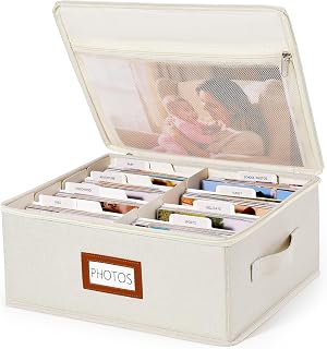 Vosturdy Photo Storage Box, 2000 4x6 Photo Organizer with 8 Dividers, Beige | Linen Keepsake Box with Zipper Lid & 30 Label Cards, Mesh Pocket for 8x10 Prints, Stores Family Wedding Memories
