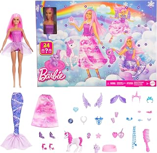 ​Barbie Advent Calendar with Doll with Fantasy Accessories | 24 Surprise Toy Accessories Including Unicorn & Pets, Transform Fashion Doll into Mermaid, Fairy & More, JFL66