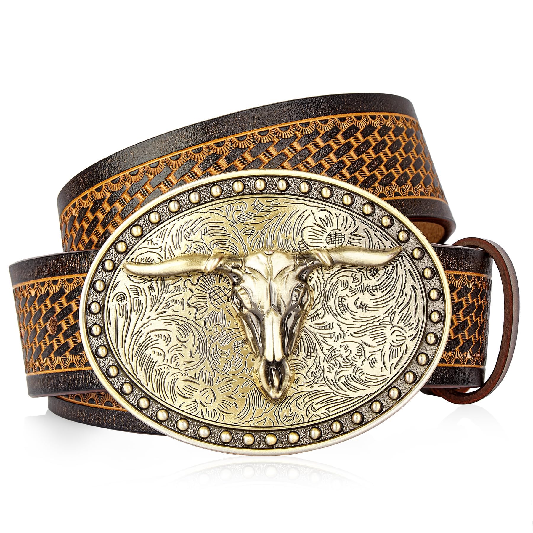 BISON DENIM Mens Belt Leather Western Cowboy Belts for Men Cinturones