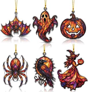 Halloween Tree Decorations, 6-Piece Acrylic Ornaments for Indoor Decor | Six 5-inch acrylic Halloween ornaments: bat, ghost, pumpkin, spider, raven and witch; golden strings and gift box included.
