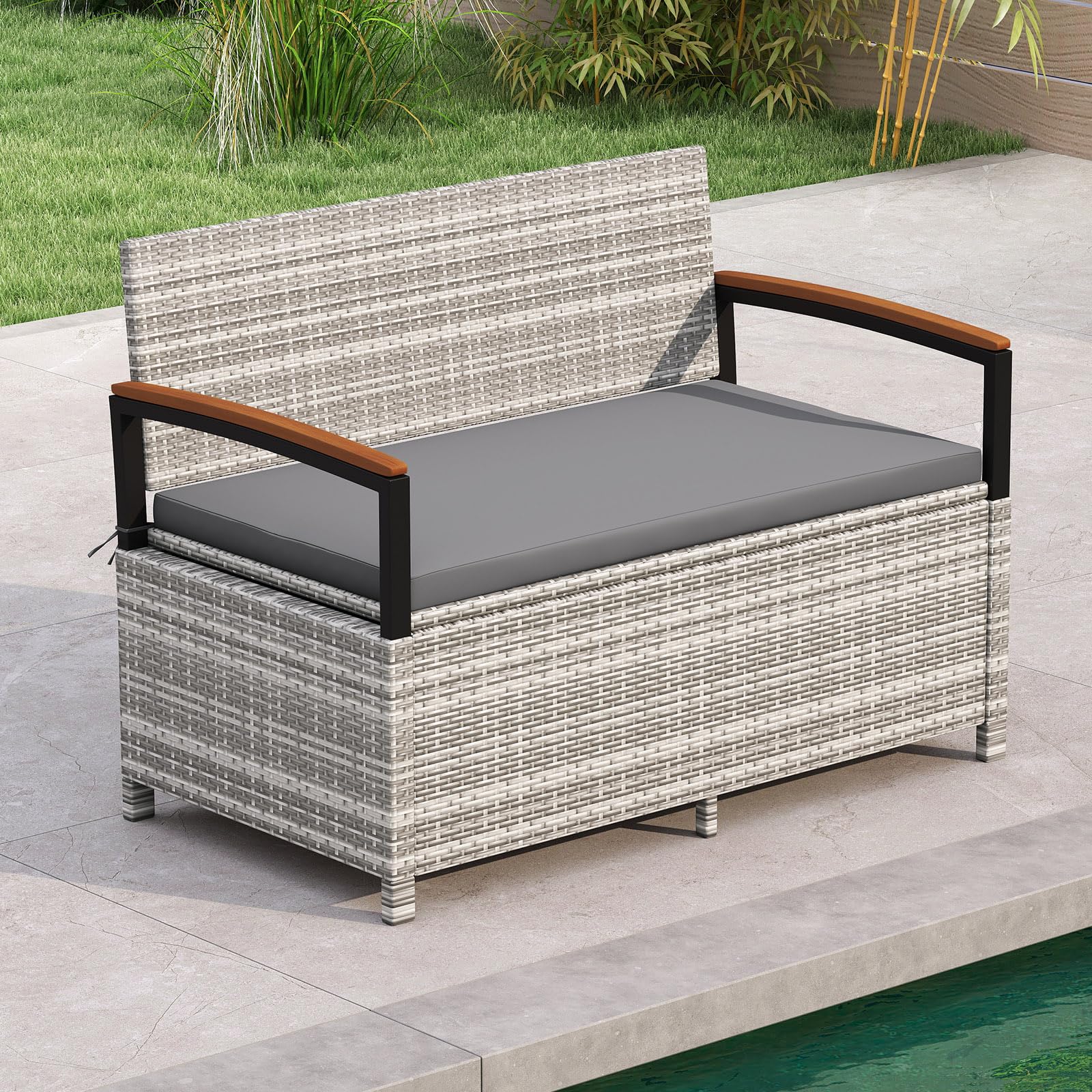 RELAX4LIFE Wicker Outdoor Storage Bench, Rattan Deck Box | 46 Gallon Mix Grey PE