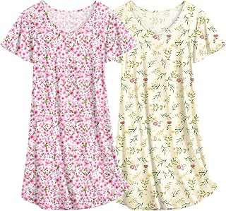 Ekouaer Women's Floral Two Piece Nightgown Short Sleeve Nightwear Summer