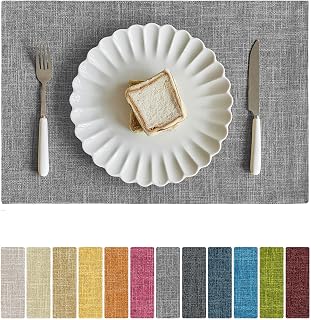 Softalker Faux Linen Placemats Heat Resistant Durable Non-Slip Burlap Placemats for Dining Kitchen Party 12x18 Inch 8 Pieces Light Grey