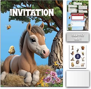 Lola et Louis (L&L) Complete Invitation Kit for 10 Guests Girls or Boys: Envelopes, Secret Message to Scratch, Birthday Invitation Cards Animals Horse Foal, Decorative Stickers