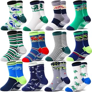 Welwoos Baby Boys Grips Socks 12 Pairs Kids Toddlers Infants Anti Slip Non Skid Funny Cartoon Crew Breathable Cotton Socks