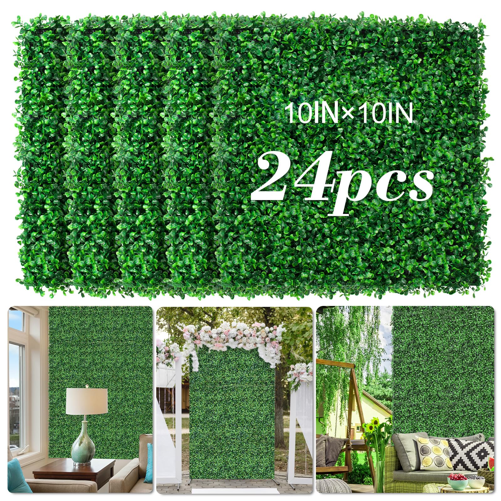 10"x10" Artificial Grass Wall 24Pcs UV-Anti Boxwood for Outdoor(16.8 sqft) | Gra