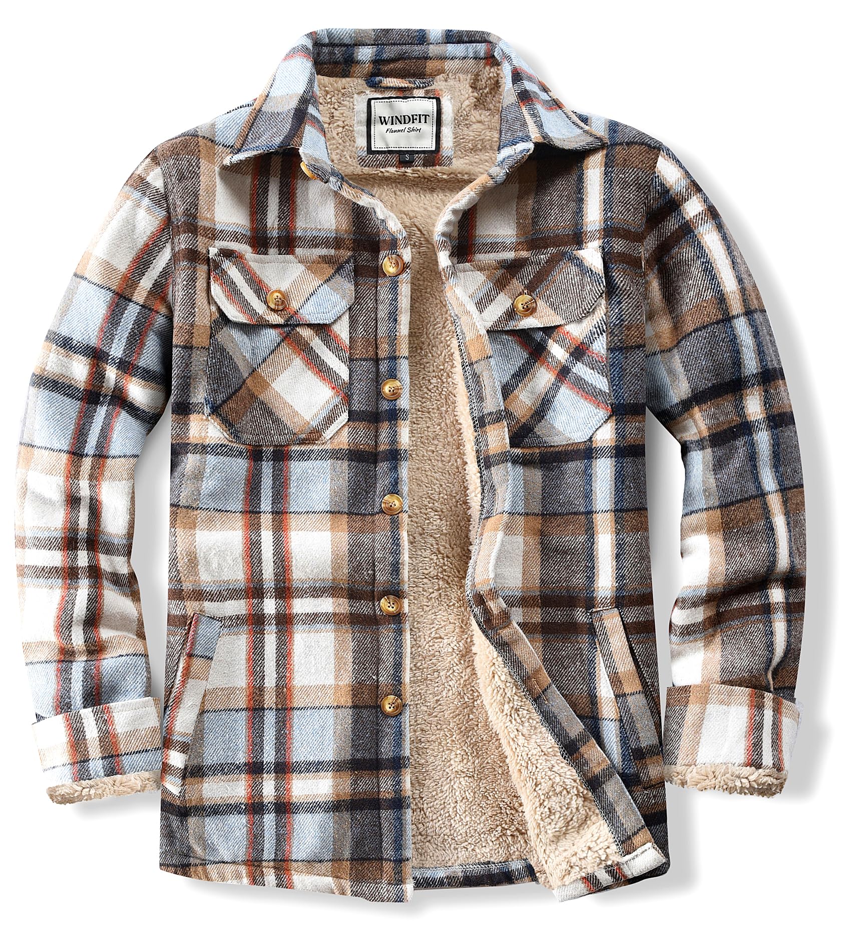 WINDFIT Men's Cotton Sherpa Button Down Flannel Shirt Jacket Plaid Shirt