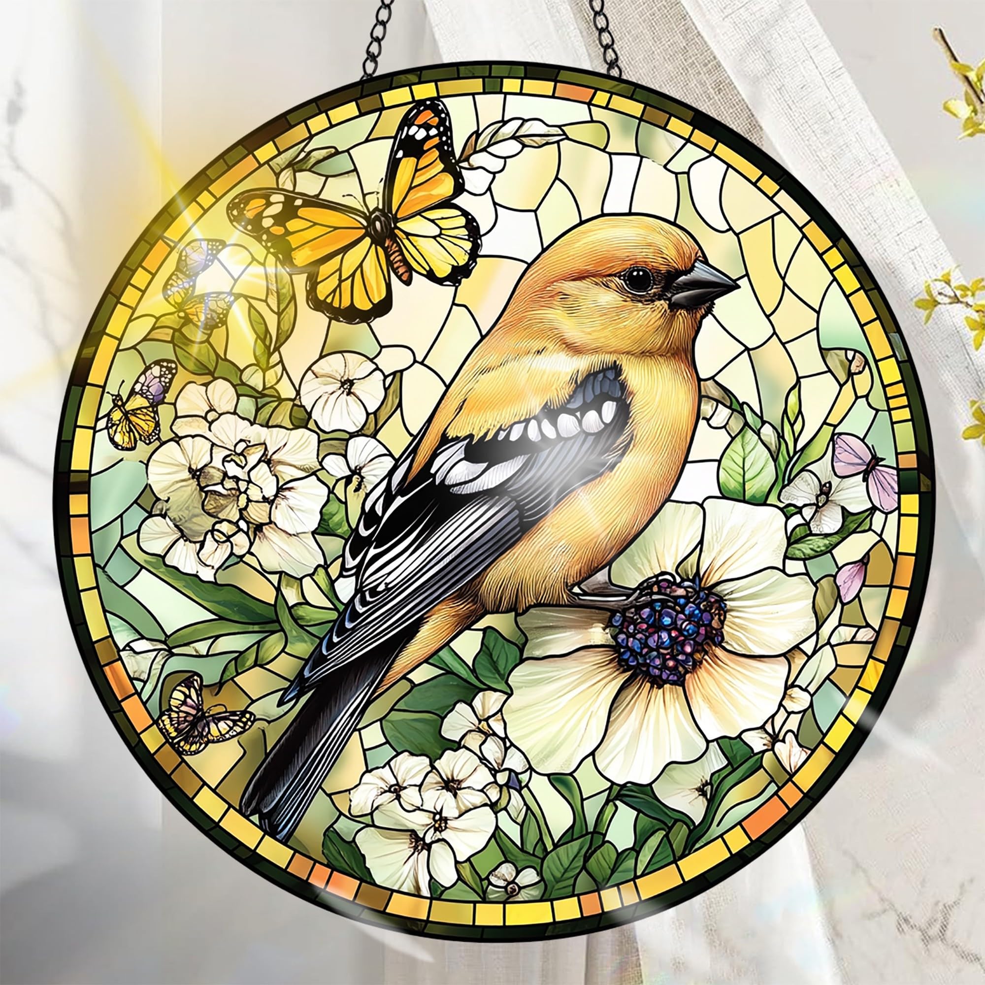 Colorful Acrylic Suncatcher, Bird Window Decor with Printed Stained Glass Style 