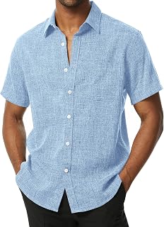 PARKLEES Mens Button Down Shirts Short Sleeve Wrinkle Free Linen Textured Casual Vacation Beach Summer