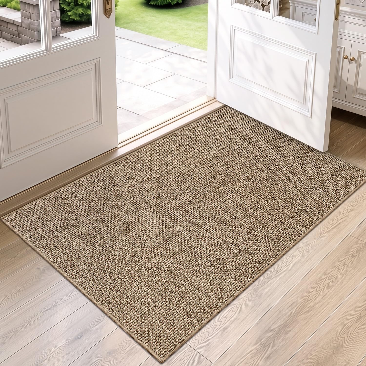 DEXI Front Door Mat Indoor, 48x72 Traps Dirt Absorbent Doormat, Dark Beige | Low