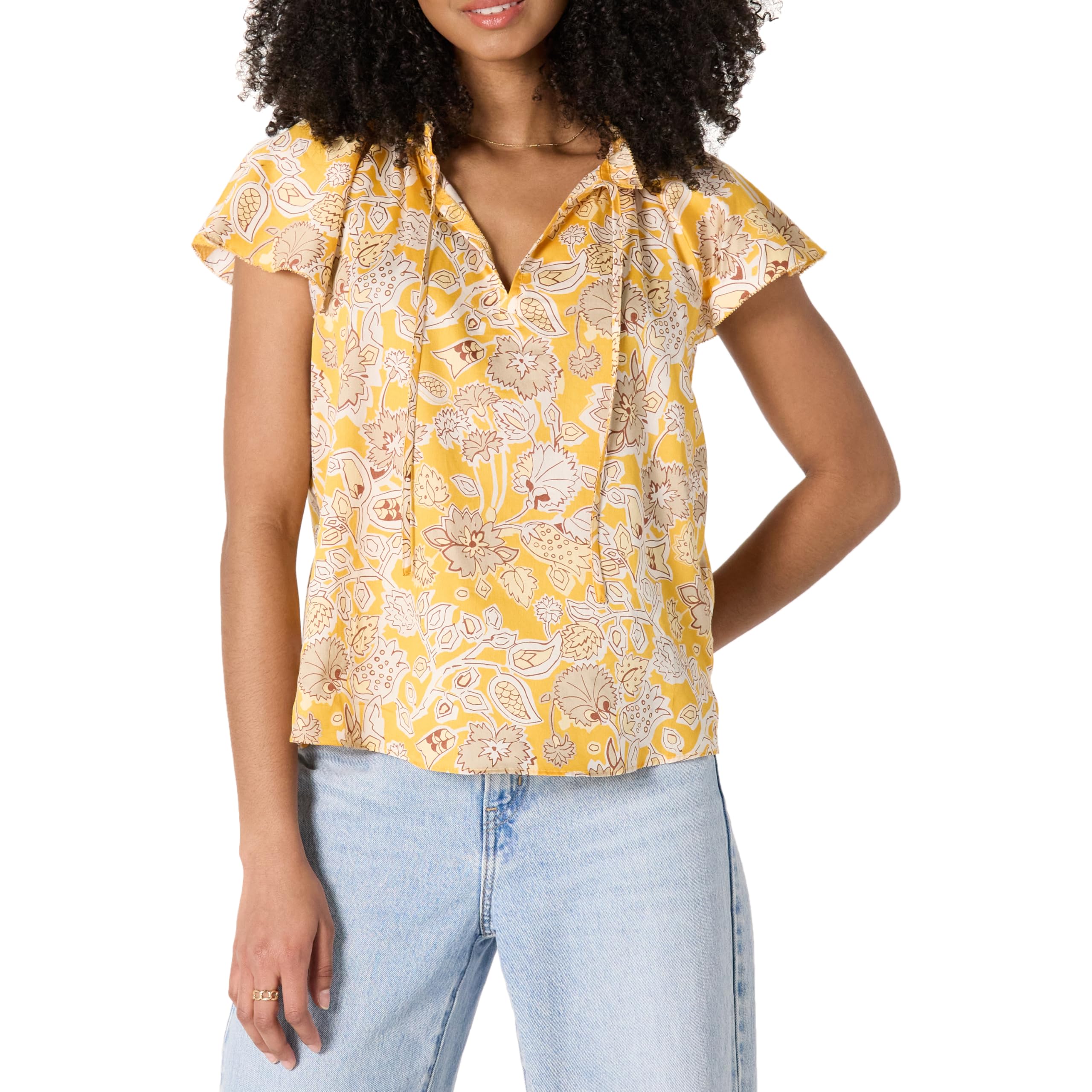 Amazon Essentials Women's Casual Ruffle Sleeve Cotton Satin Blouse