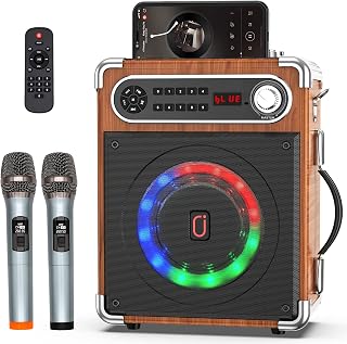 JYX Karaoke Machine with Two Wireless Microphones, Portable Bluetooth Speaker with Bass/Treble Adjustment, Remote Control and LED Lights, Supports TF Card/USB, AUX in, FM, REC for Party (Wood)