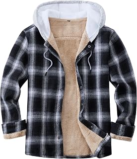 IVUMA Men's Cotton Plaid Long Sleeve Shirts Jacket Fleece Lined Flannel Shirts Sherpa Button Down Coat with Hood