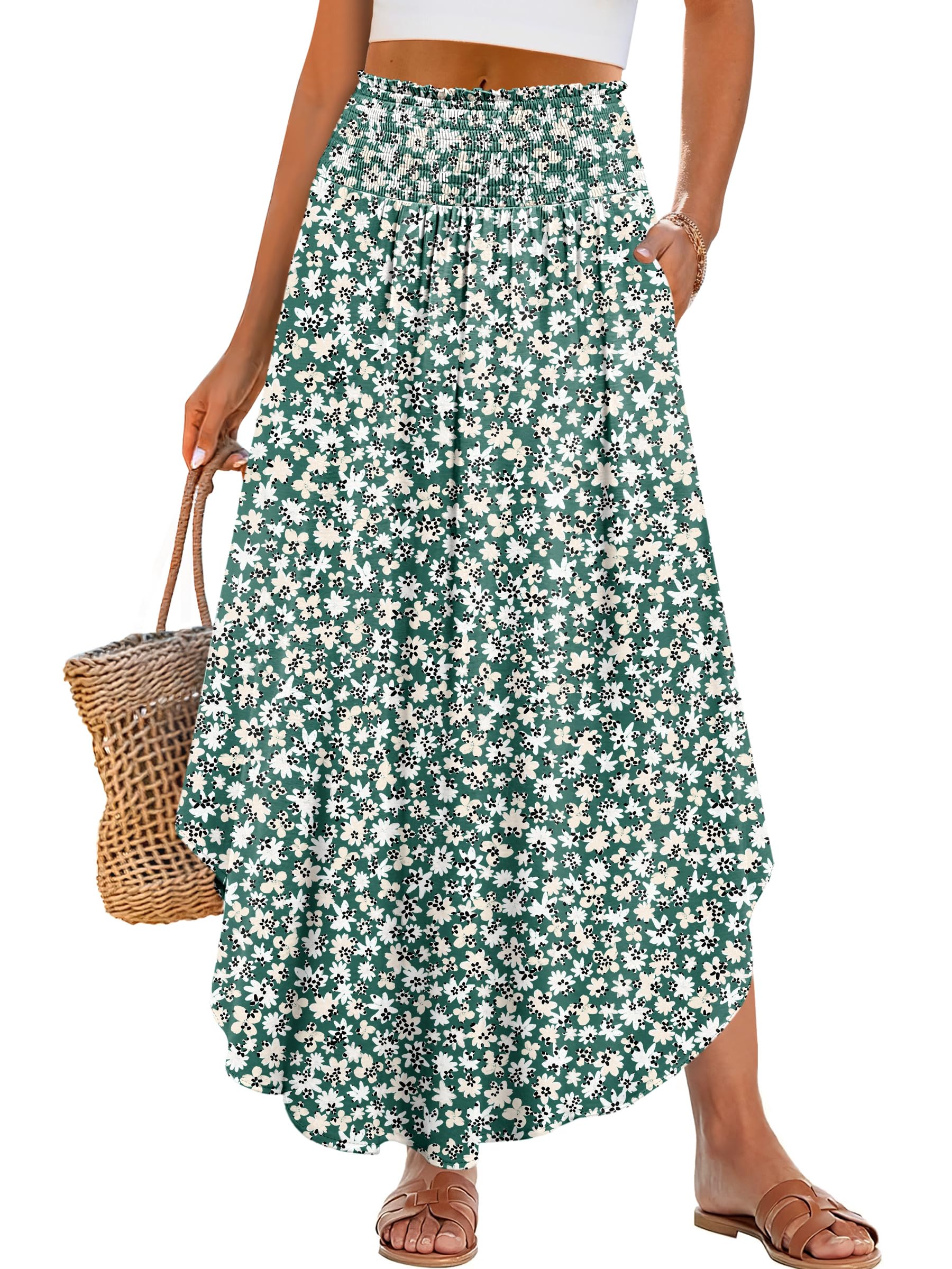 ANRABESS Women's Maxi Skirts Summer Boho Floral High Waisted Flowy Swing Pleated