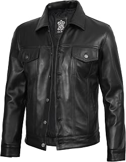 fjackets Real Lambskin Vintage Trucker Leather Jacket Men - Shirt Collar Style Leather Jackets For Mens