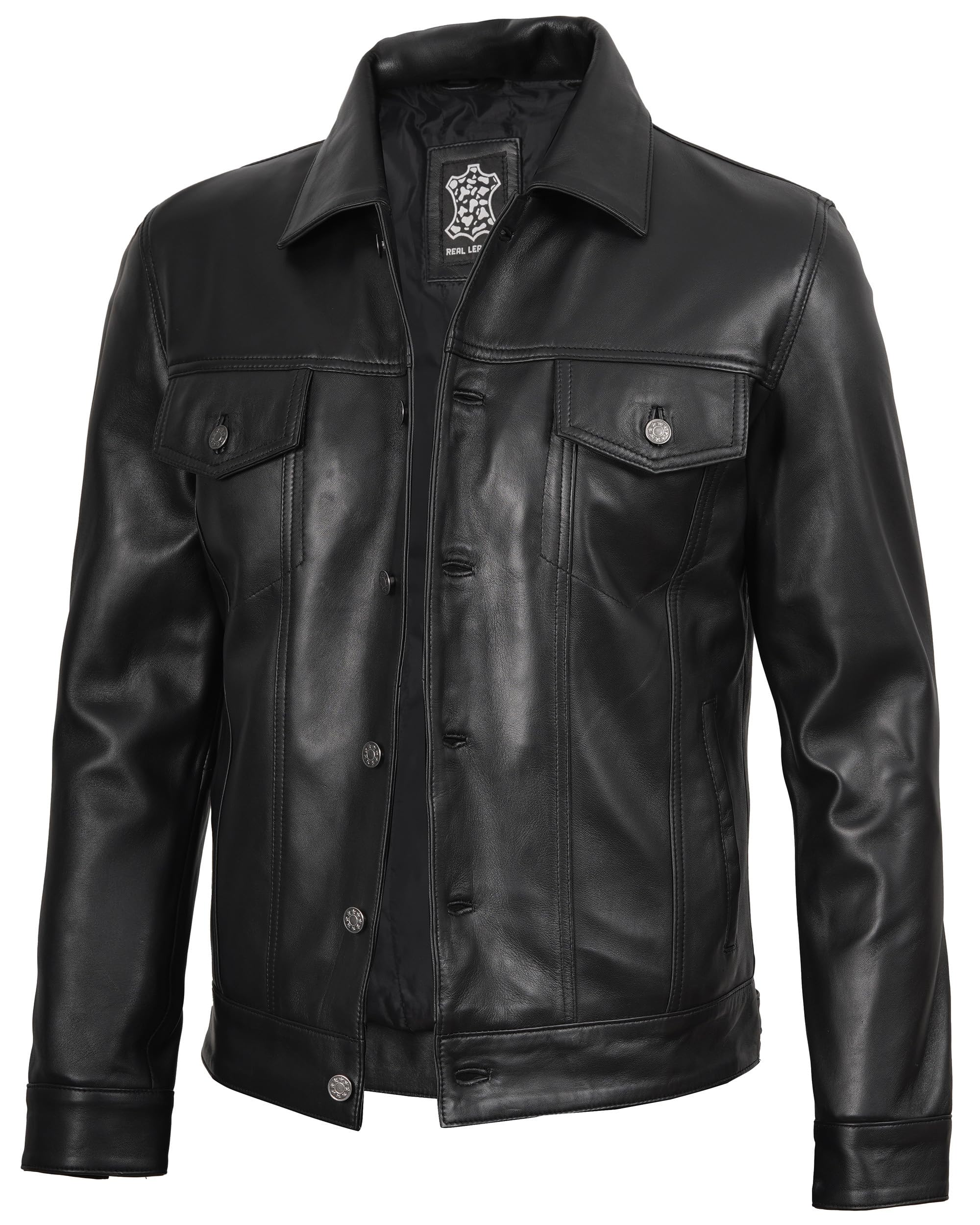 fjackets Real Lambskin Vintage Trucker Leather Jacket Men - Shirt Collar Style L