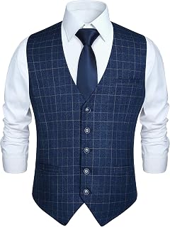 HISDERN Men's Formal Wedding Party Vest Cotton Plaid Dress