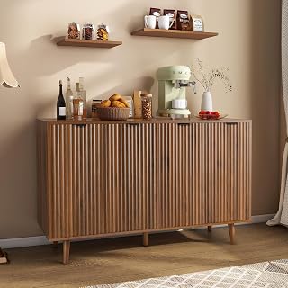 LYNCOHOME Fluted Sideboard Cabinet, Buffet Cabinet with 4 Doors, Kitchen Storage Cabinet with Solid Wood Feet for Kitchen, Dining Room, Hallway, Walnut