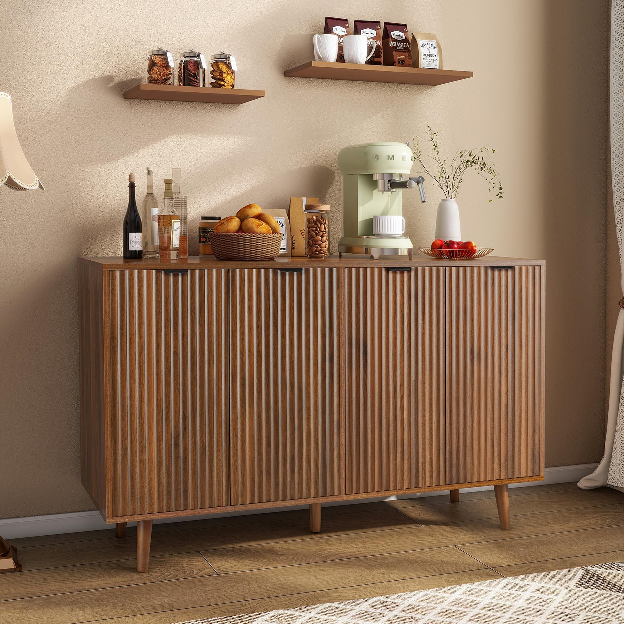 LYNCOHOME Fluted Sideboard Cabinet, Buffet Cabinet with 4 Doors, Kitchen Storage