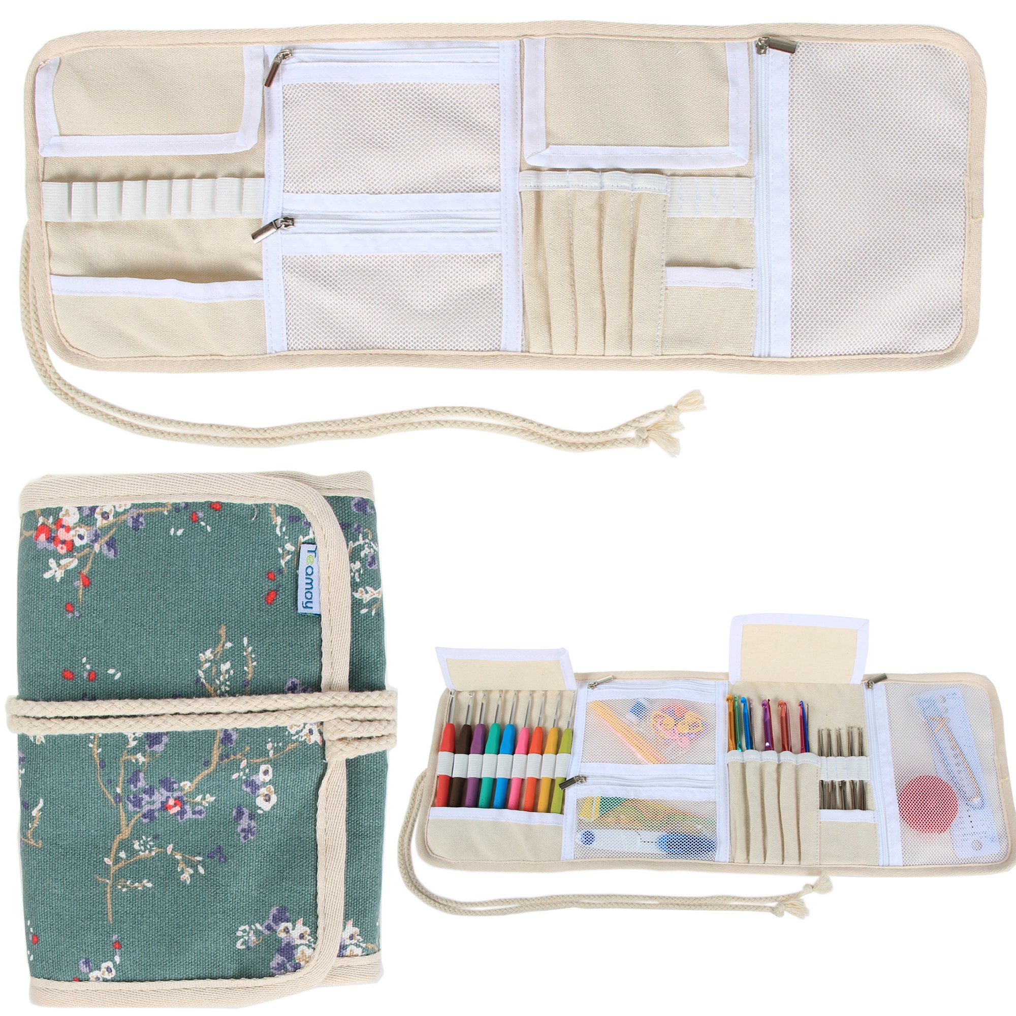 Teamoy Crochet Hook Case Organizer, Crochet Hook Roll Bag, Plum Flowers | Empty 