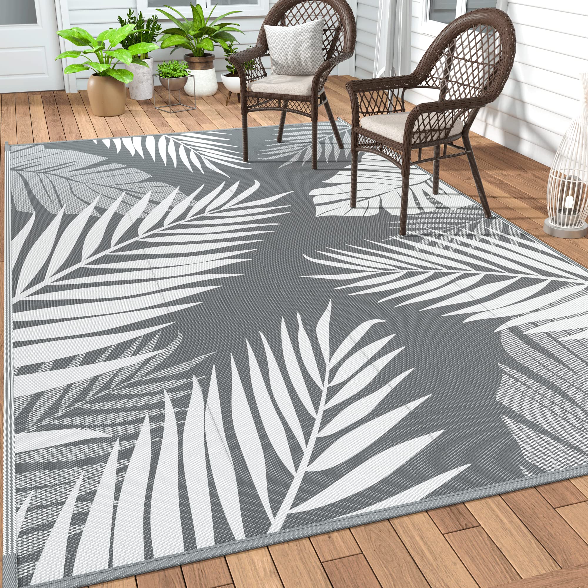 GENIMO Outdoor Rug, Waterproof Plastic Rugs for Patio, 5'x8' Grey White | Outsid