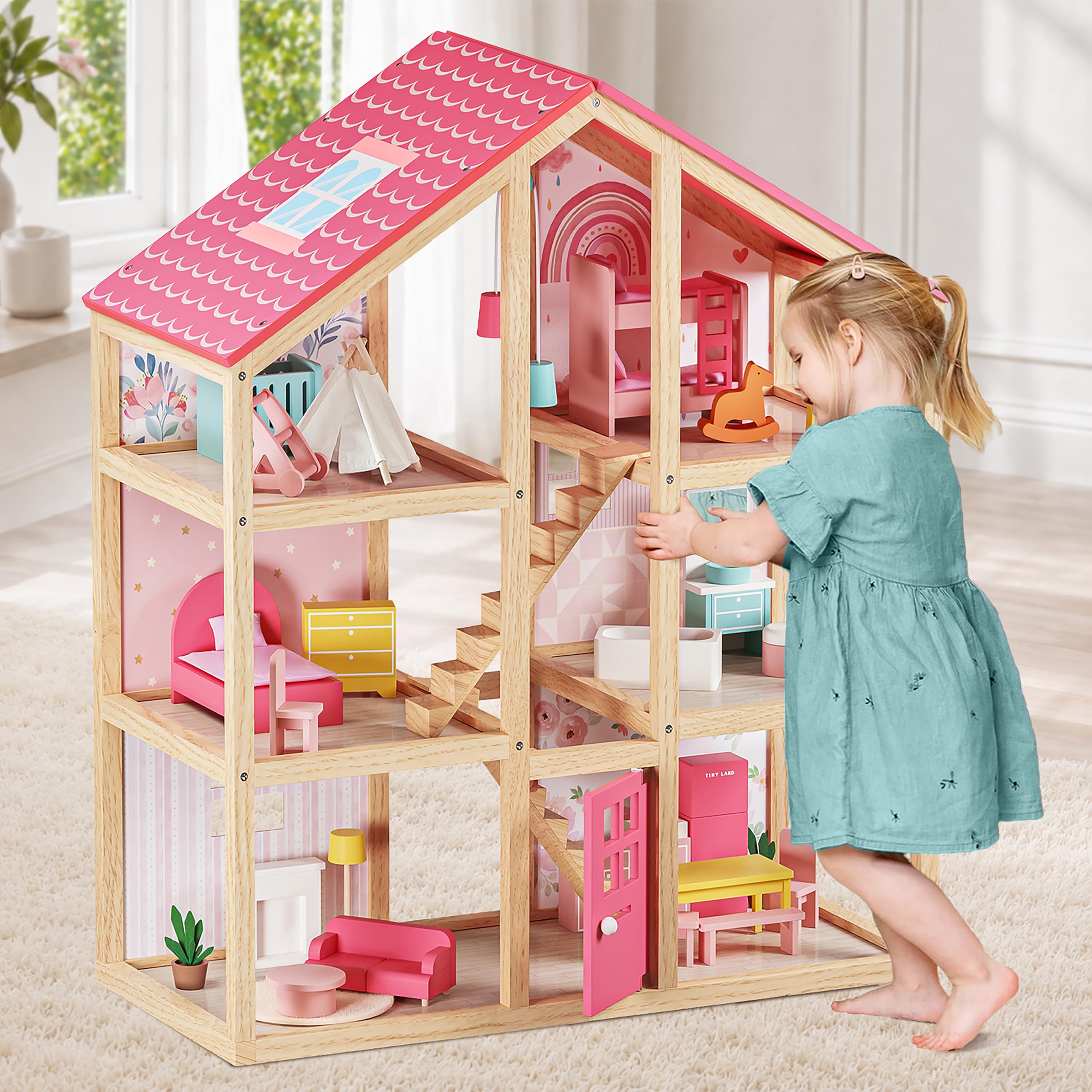 Tiny Land Wooden Dollhouse for Girls - 6 Rooms Wooden Doll House | DIY Pretend D