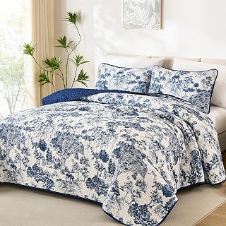 WONGS BEDDING Quilt Set Queen Size, Botanical Floral Bedspresd, Navy Blue | 3 Pieces Reversible Floral Blue Plants Printed Bedding Set for Bed, Soft Lightweight Coverlet Set for All Season (96''x90'')