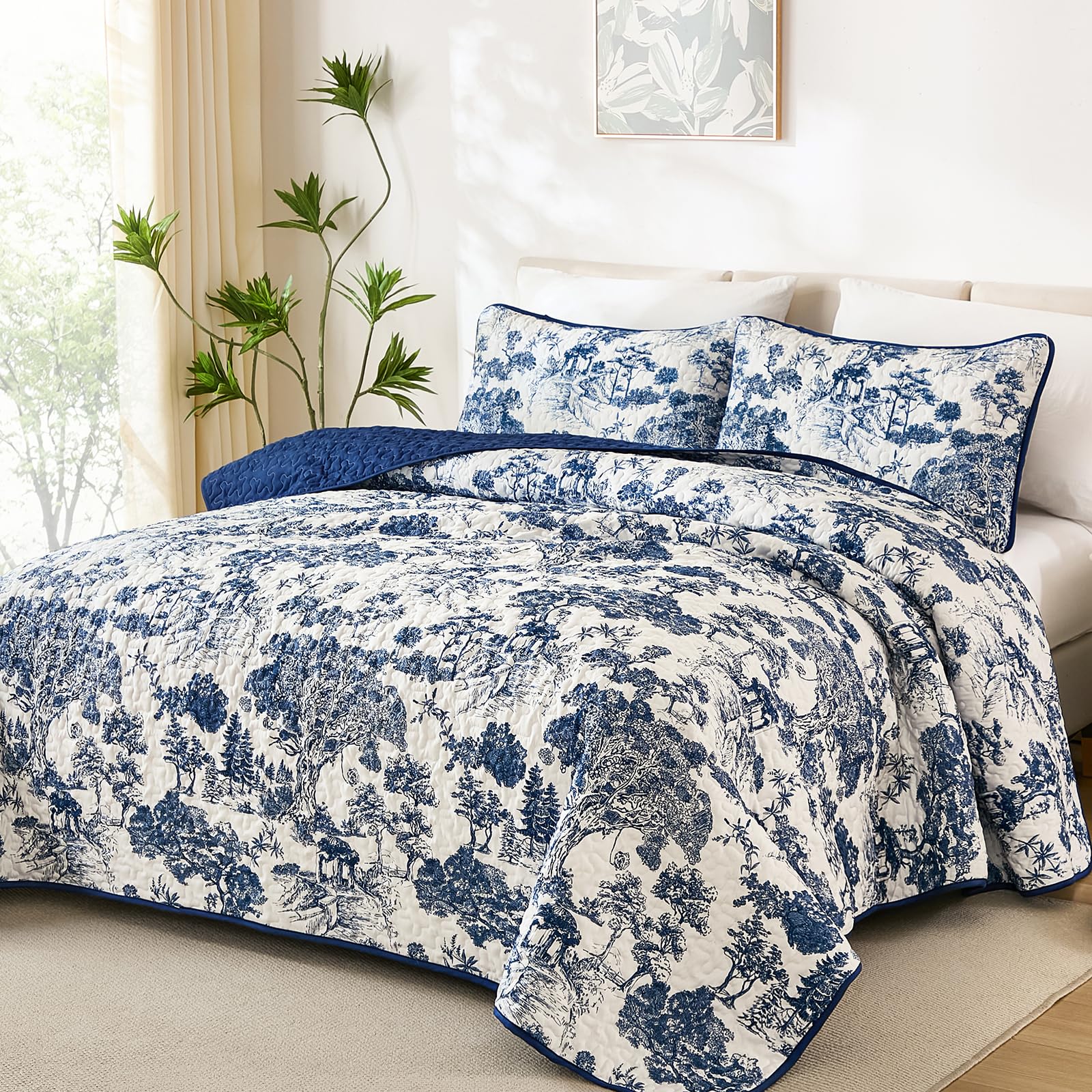 WONGS BEDDING Quilt Set Queen Size, Botanical Floral Bedspresd, Navy Blue | 3 Pi