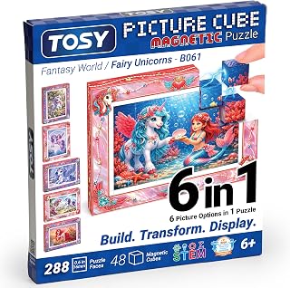 TOSY Picture Cube Fairy Unicorns: 6-in-1 Magnetic Picture Puzzle, 48 Blocks, 288 Faces/Magnets, 0.63 in, B061, Seamless UV Art, Display-Ready Frame, Collectible, STEM/STEAM Gift for Kids & Adults
