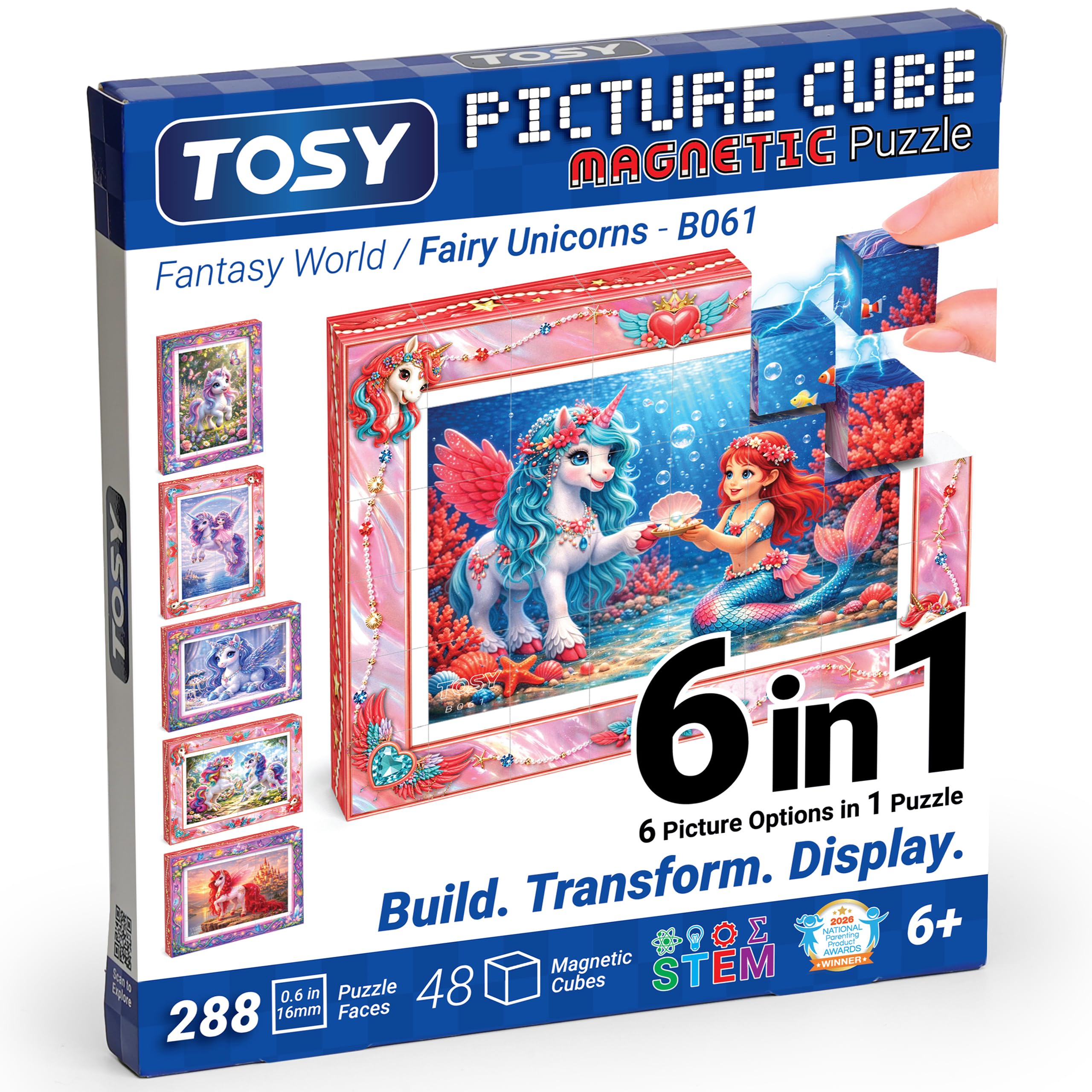 TOSY Picture Cube Fairy Unicorns: 6-in-1 Magnetic Picture Puzzle, 48 Blocks, 288
