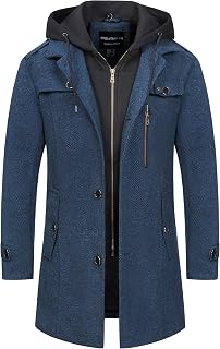 CREATMO US Men's Classic Pea Coat Wool Blend Trench Coat Windproof Business Overcoat With Detachable Hood