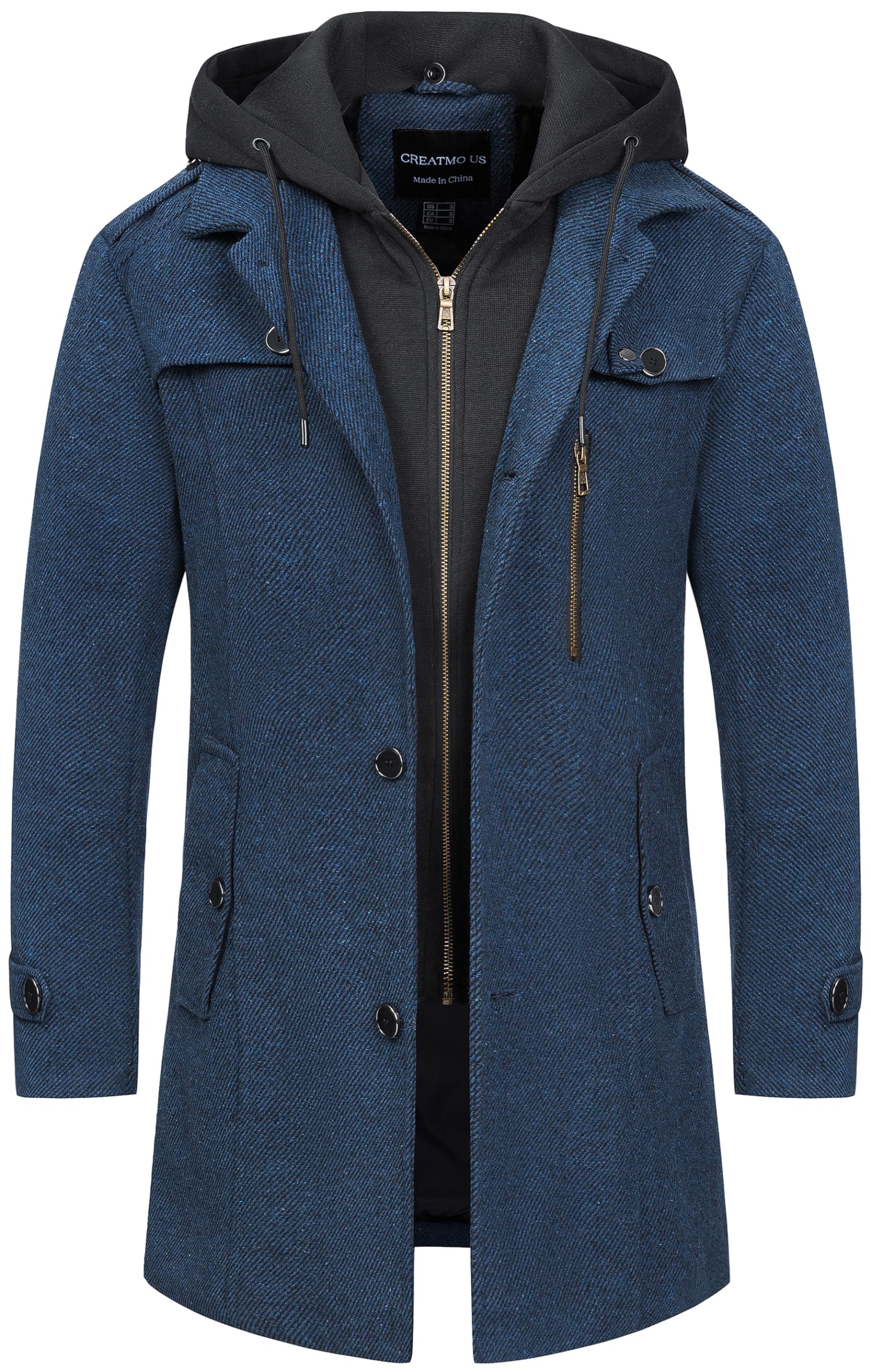 CREATMO US Mens Classic Wool Blend Trench Coat Windproof Business Overcoat with 