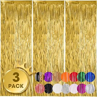 Voircoloria Gold Foil Fringe Backdrop Curtains, 3.3x8.2ft, 3 Pack | Tinsel Streamers, For New Years Eve, Graduation, Birthday, Baby Shower