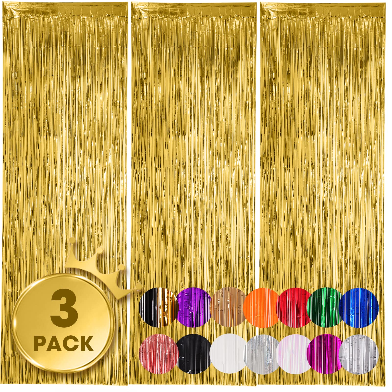 Voircoloria Gold Foil Fringe Backdrop Curtains, 3.3x8.2ft, 3 Pack | Tinsel Strea
