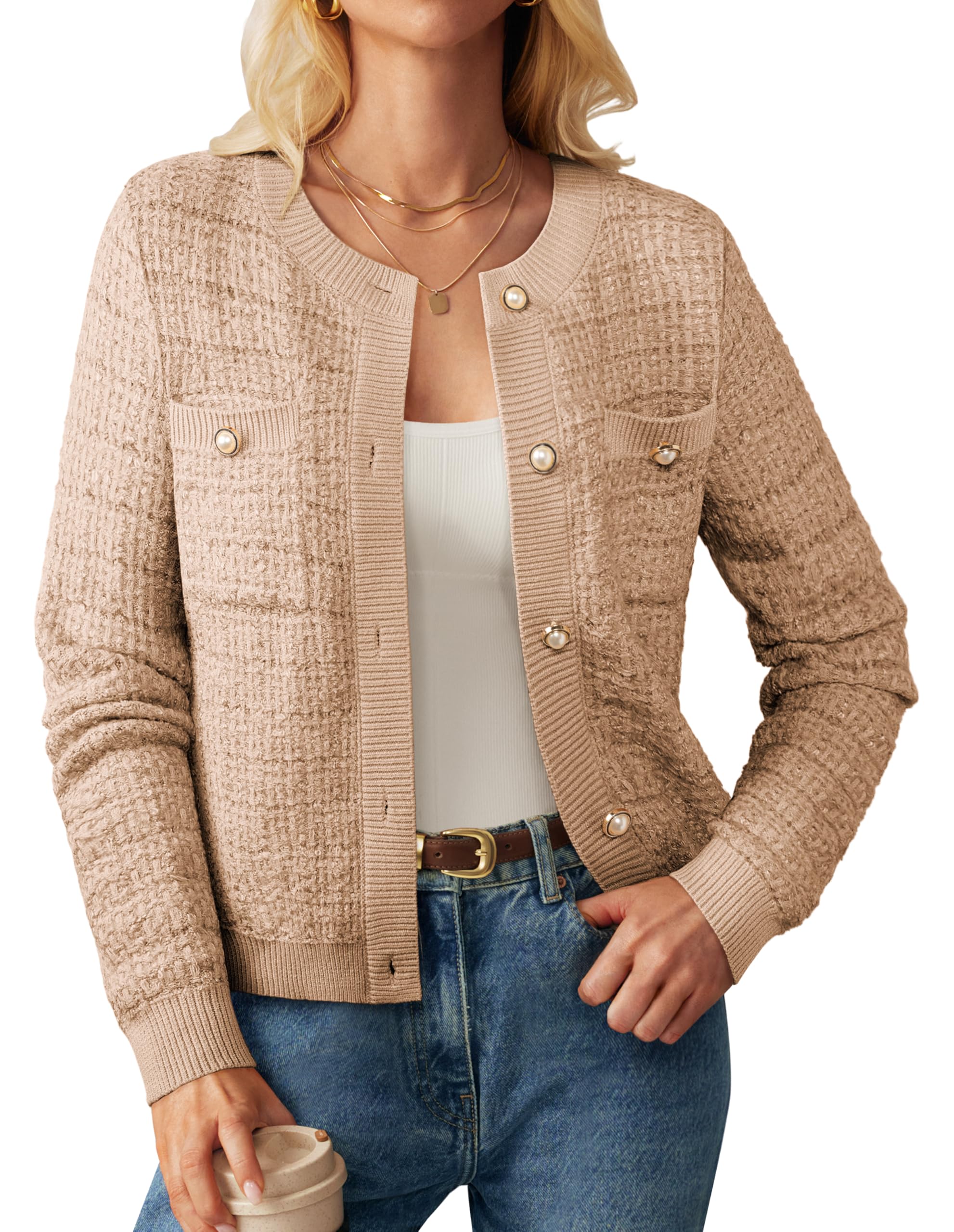 GRACE KARIN Women's Long Sleeve Button Down V-Neck Classic Sweater Knit Cardigan