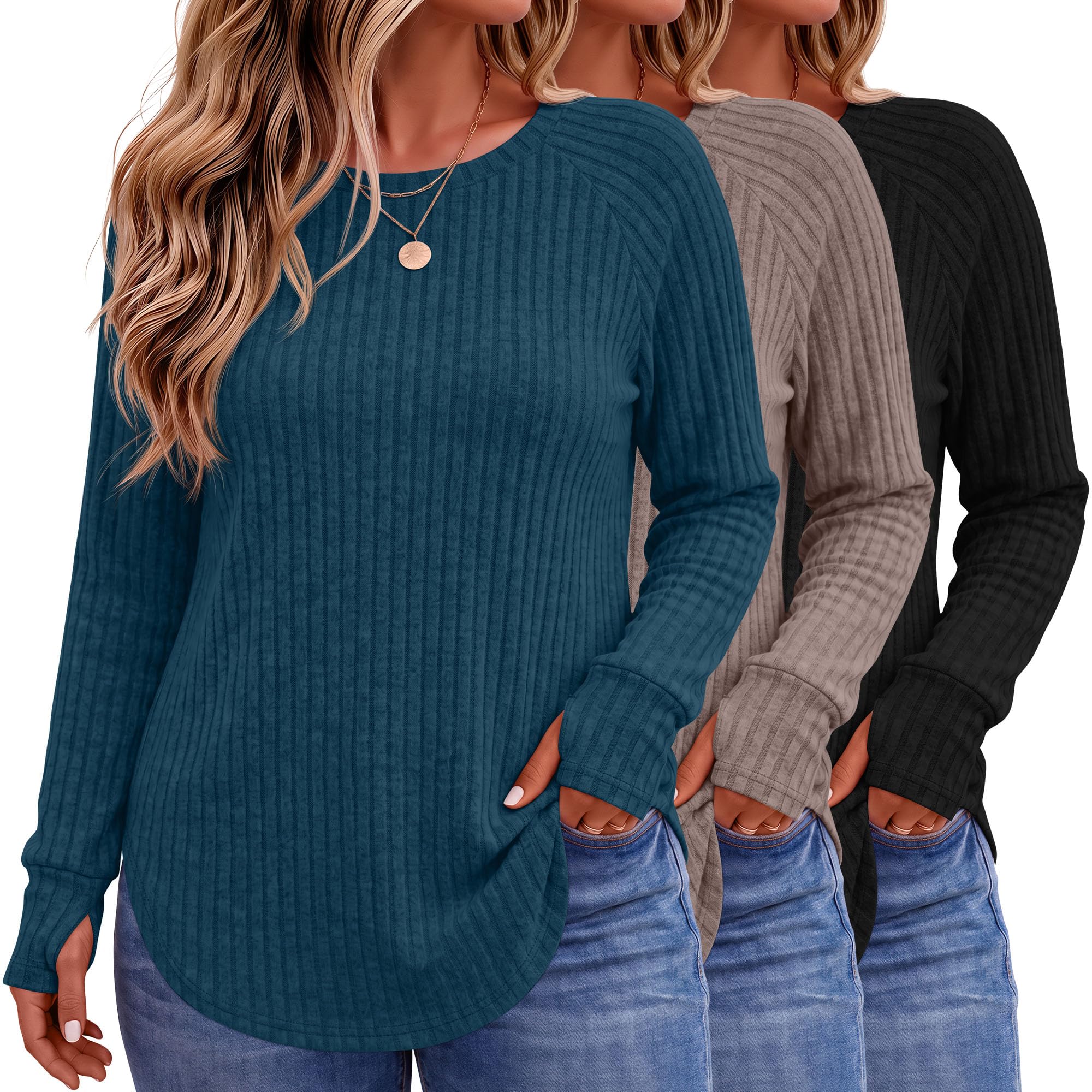Riyiper 3 Pack Women's Plus Size Long Sleeve Sweaters Thumb Hole