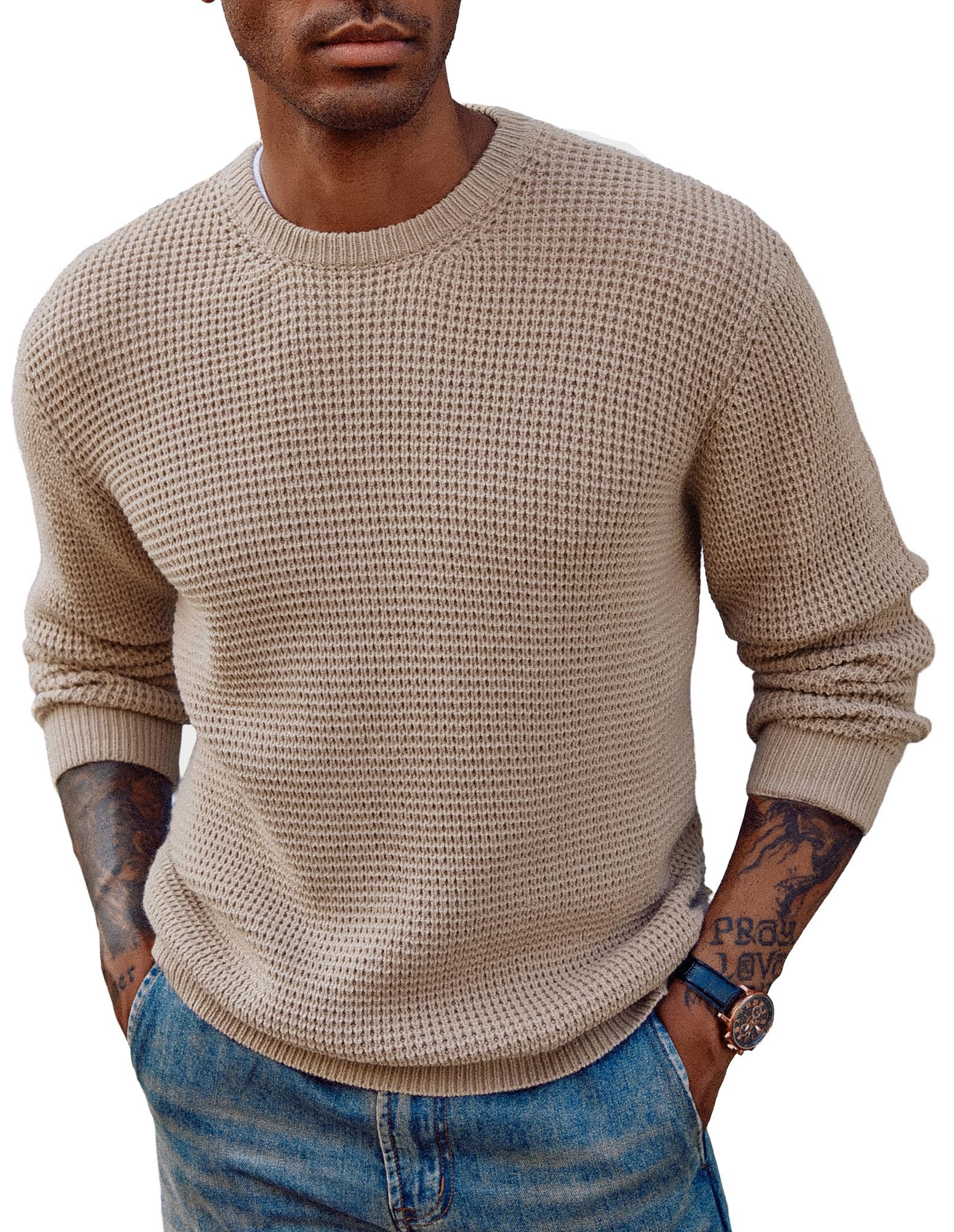 PJ PAUL JONES Mens Waffle Knit Sweaters Casual Crewneck Pullover Sweaters