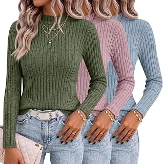 Riyiper 3 Pack Women's Mock Neck Ribbed Knit Casual Sweaters