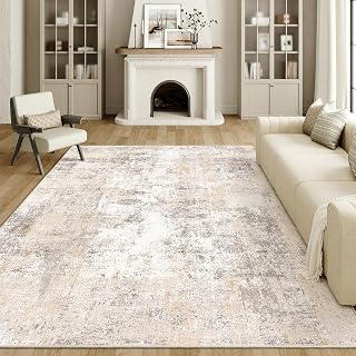 WondRg Washable Area Rug 8x10 for Living Room Beige Grey Neutral Carpet | Non Slip, Tapis slaon, for Bedroom Dining Room Lounge, Abstract Modern, Soft Low Pile, Thin, Indoor, Floor, Large